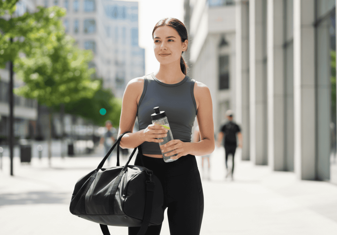 Woman walking with gym bag, ready to train